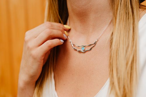 Silver wave necklace with Opal heart