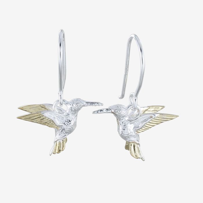 Silver and Golden Hummingbird Drop Earrings