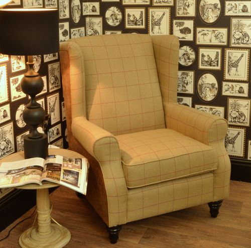 Cromarty Brown Faux Leather & Tweed Wing Back Chair