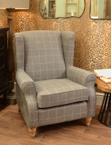 Cromarty Grey Faux Leather & Tweed Wing Back Chair