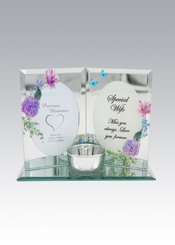 Memorial glass t/lite holder with frame