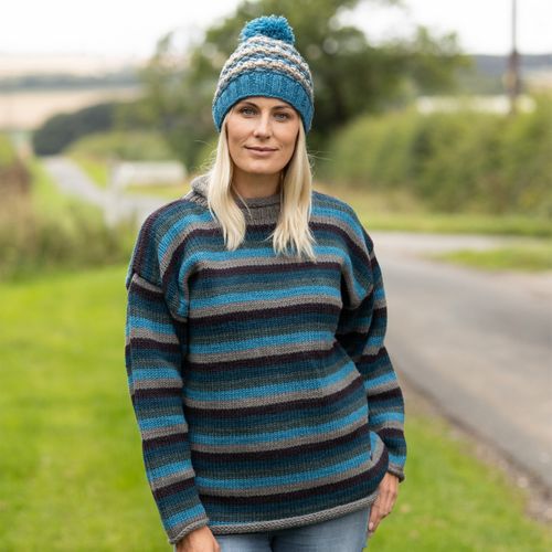 Pure wool handknit stripe jumper worn with blackberry stitch bobble hat