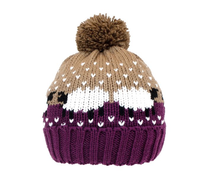 A1957- LADIES SHEEP PRINT KNITTED BOBBLE HAT