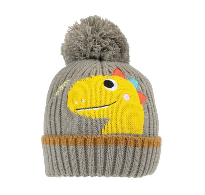 B331- BABIES DINO PRINT KNITTED BOBBLE HAT- WITH LINING