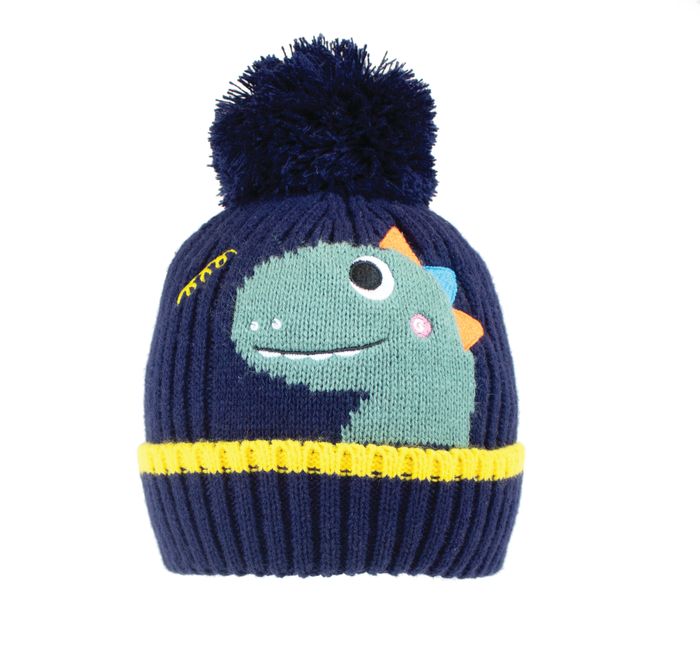 B331- BABIES DINO PRINT KNITTED BOBBLE HAT- WITH LINING