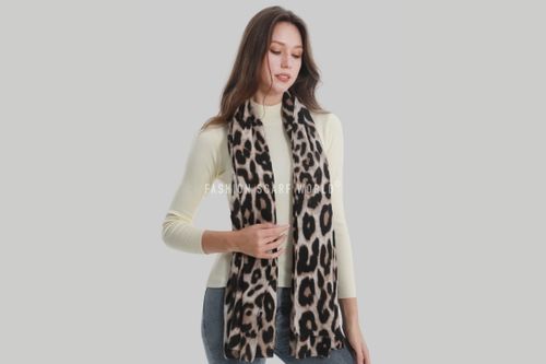 Soft Leopard Print Frayed Wool Scarf / Shawl