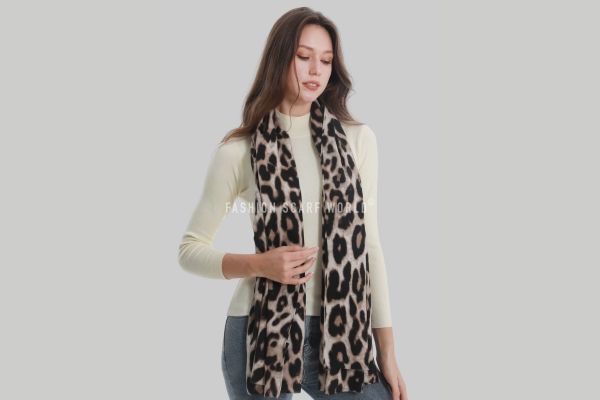 Soft Leopard Print Frayed Wool Scarf / Shawl