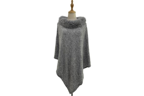 Plain Faux Fur Collar Wool Poncho