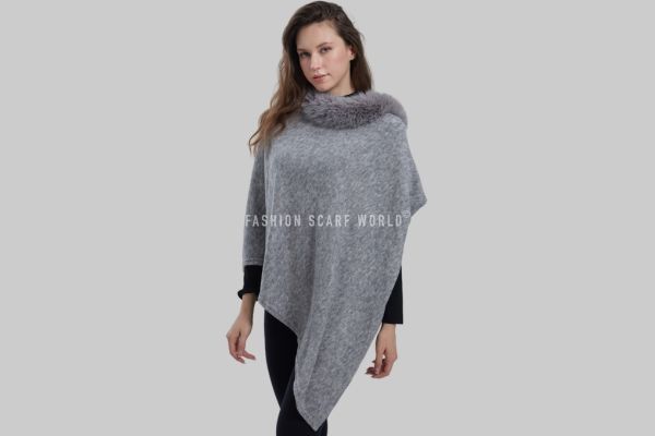 Plain Faux Fur Collar Wool Poncho