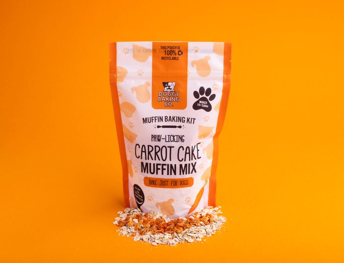 Paw-licking Carrot Cake Muffin Doggy Baking Co Cake Mix in a pouch