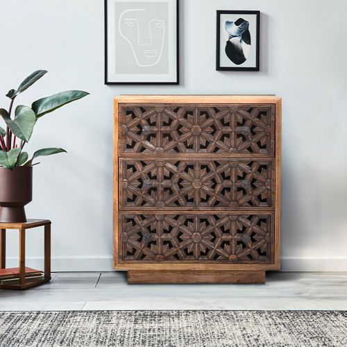 Zaayah Cut Work Wooden Three Chest of Drawers