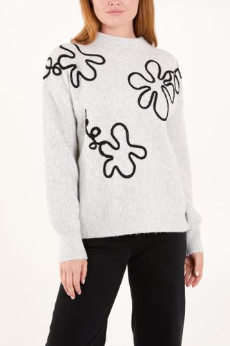 Abstract Flower Embroidery High Neck Jumper