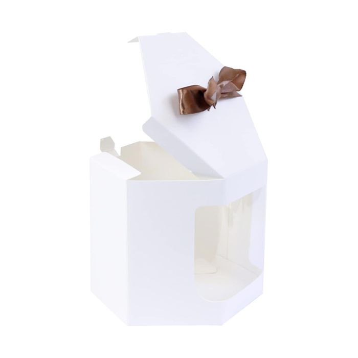 Emartbuy Strong Paper Stand Up Hexagon Gift Bag , 7 cm x 7 cm x 8 cm , White Kraft Bag Cupcakes Cookies Muffin Pie Box with Clear Window and Ribbon - Pack of 12