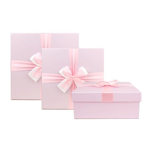 Emartbuy Set of 3 Rigid Square Gift Box, Baby Pink Box with Lid, Brown Interior and Satin Decorative Ribbon