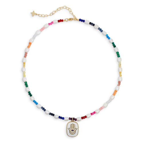 Multicoloured Jade Stone and Pearl Necklace with Enamel Hamsa Charm