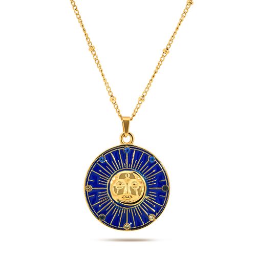 Blue Enamel Moon Coin Charm Necklace