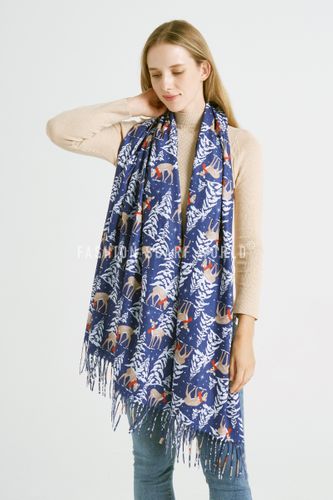 Reindeer & Christmas Tree Print Wool Tassel Scarf