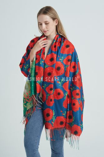 Bold Poppy & Monet Art Print Reversible Wool Tassel Scarf