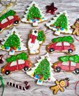 Decorations for the Christmas tree. Gingerbread cookies, one by one. Polar bear, Christmas tree, car.