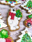 Decorations for the Christmas tree. Gingerbread cookies, one by one. Polar bear, Christmas tree, car.