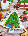 Decorations for the Christmas tree. Gingerbread cookies, one by one. Polar bear, Christmas tree, car.