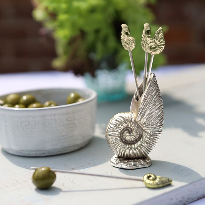 Set of Four Shell Cocktail Picks in Holder