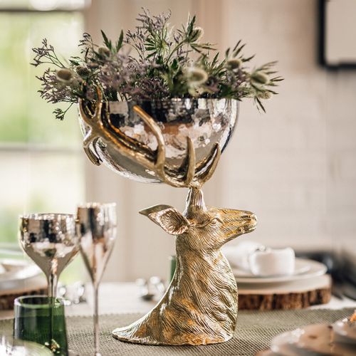 Stag Head with Hammered Metal Bowl