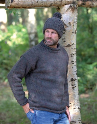 Pure Wool Knitted Jumper & Cable Bobble Hat - Khaki Heather