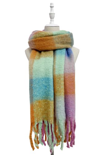 Multi Check Print Wool Tassel Scarf