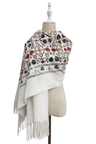 Traditional Floral Panel Embroidered Wool Tassel Scarf
