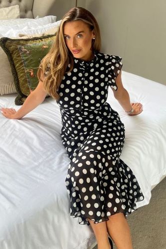 Hannah Frill Sleeve Button Front Midi Dress Black Spot