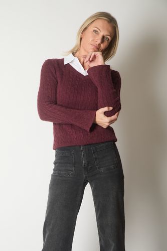 Cable Knit V-Neck Sweater with Layered Collar Detail