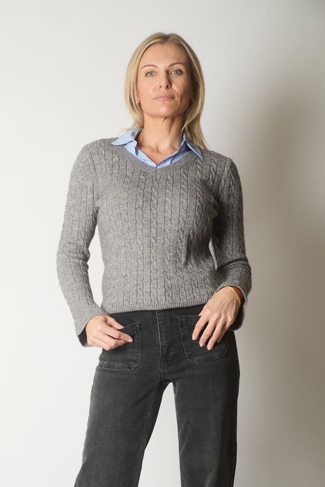 Cable Knit V-Neck Sweater with Layered Collar Detail