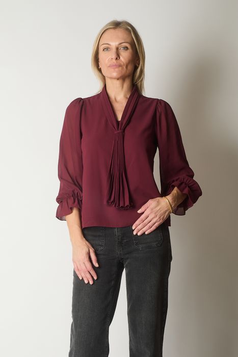 Tie Neck Long Sleeve Top with Ruffle Cuffs