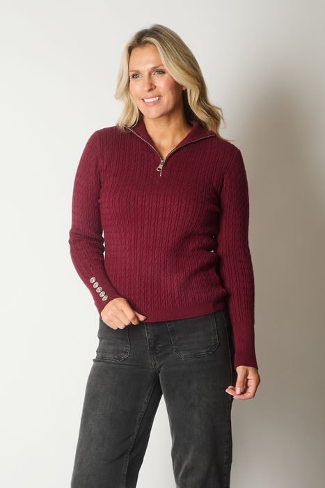 Cable Knit Quarter-Zip Sweater with Button Cuff Detail