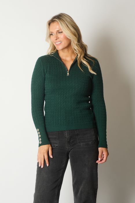Cable Knit Quarter-Zip Sweater with Button Cuff Detail