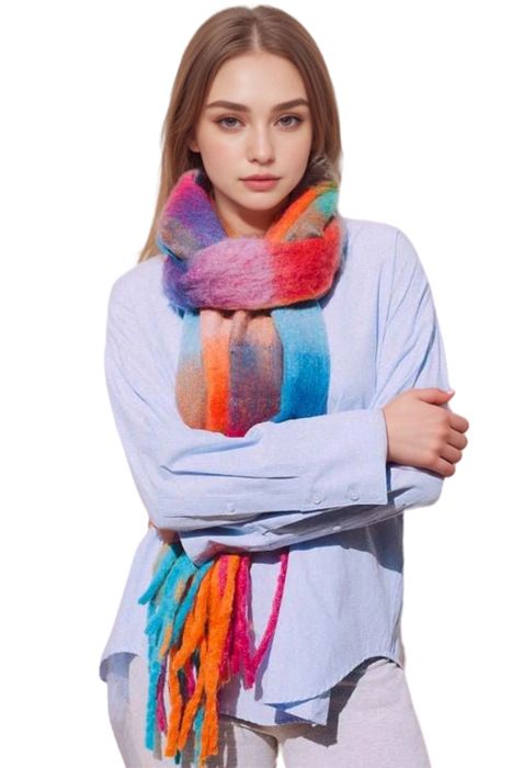 Soft Chunky Checked Scarf with Tassels in Bright Multi