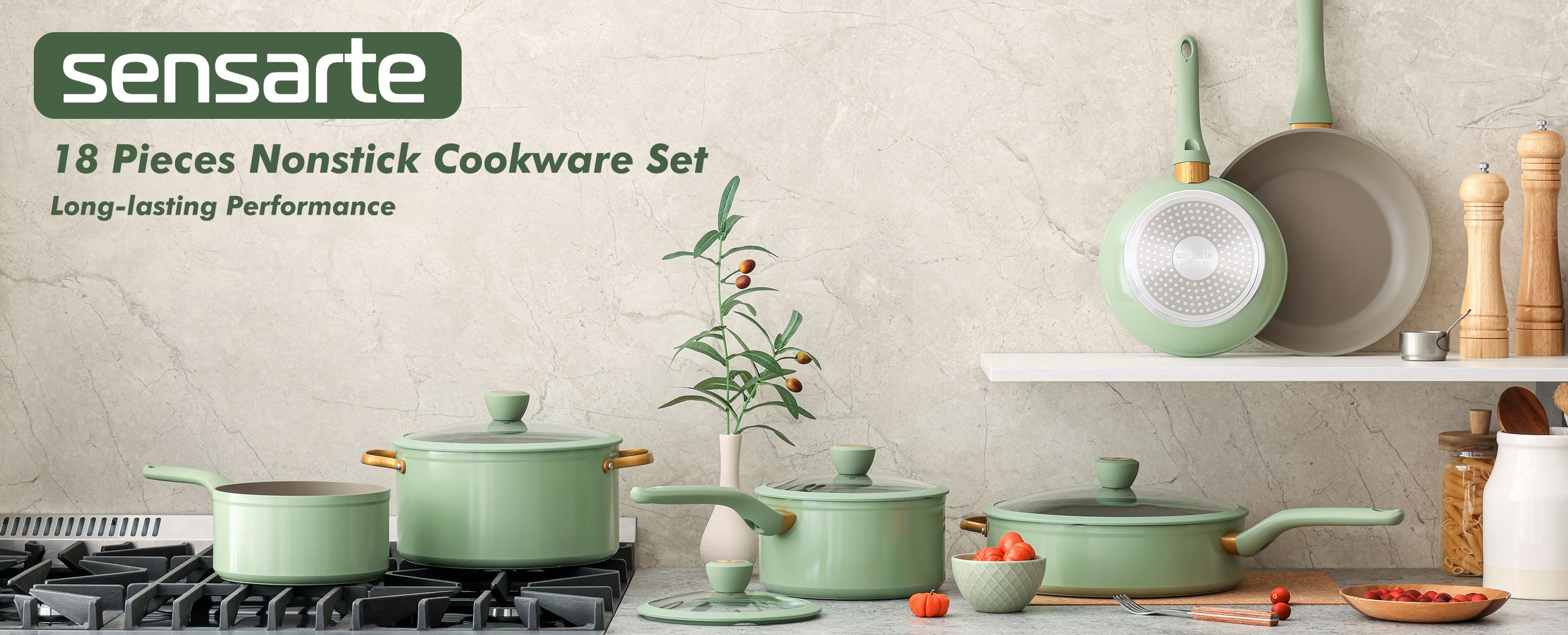 Sensarte 18Pcs Non Stick Cookware Sets（Green / Blue）