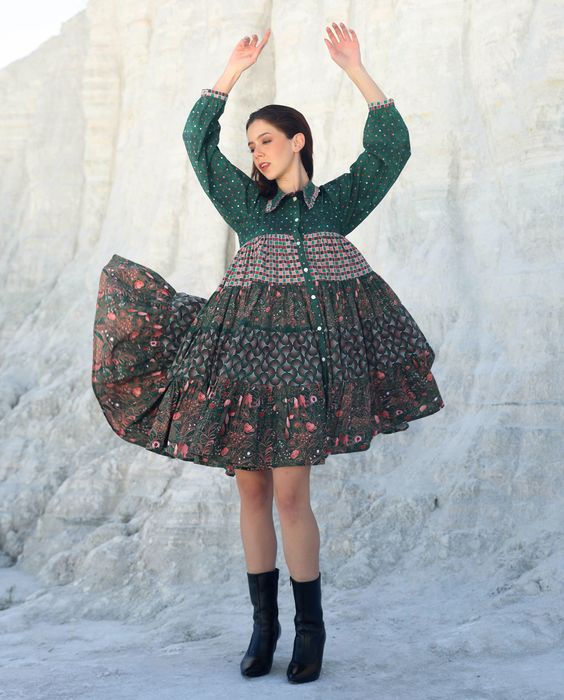 Green pineapple long sleeve tier Mini dress