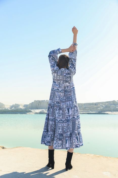 Blue brid print tier maxi dress