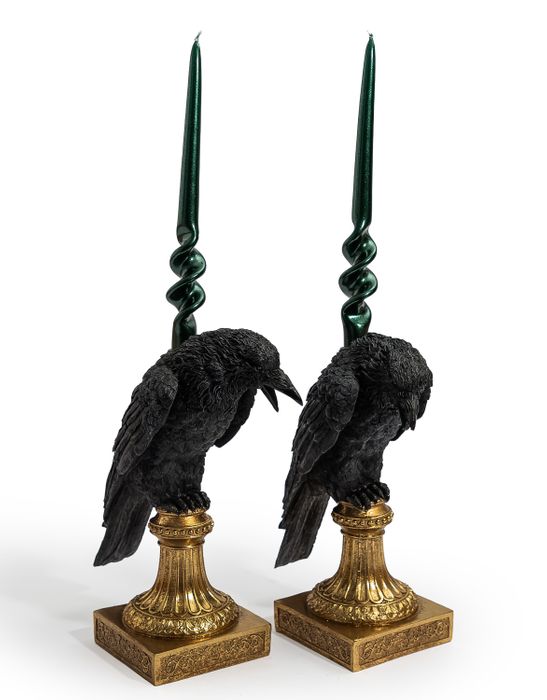 Pair of Raven Candle Holders on Ornate Gold Base