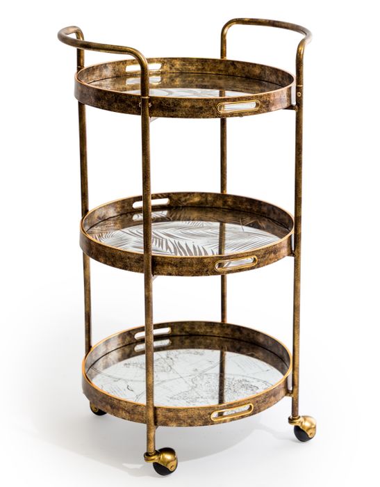 Antique Gold Drinks Trolley w/ Mirrored Serving Trays