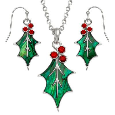 TJ664 Holly leaf necklace & stud earrings