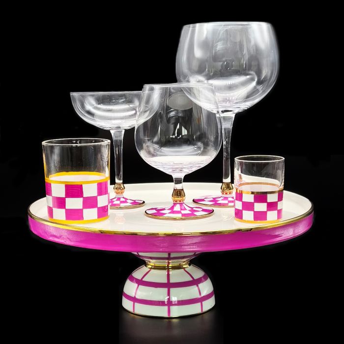 Hand painted ceramic tray and glass cup