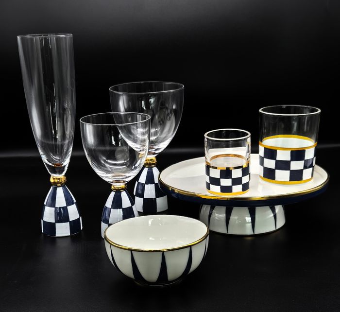 Hand painted ceramic tray and glass cup