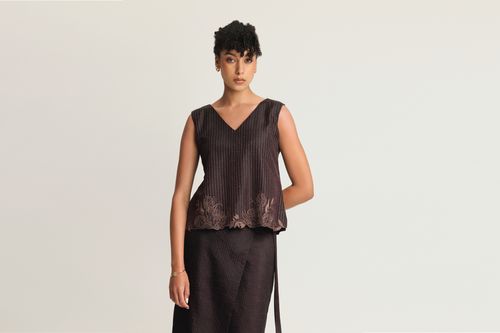 Mulberry Silk Contrast Embroidered V-Neck Top