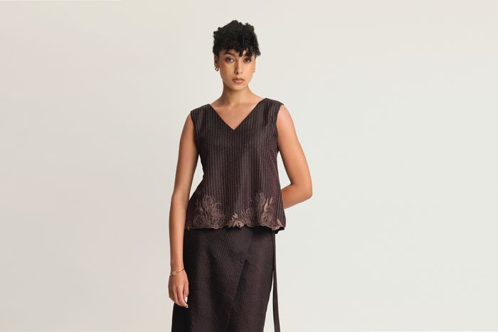 Mulberry Silk Contrast Embroidered V-Neck Top