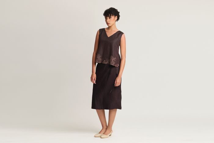 Mulberry Silk Contrast Embroidered V-Neck Top
