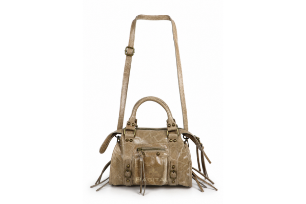 F203 Genuine Leather Handbag with Front Zip Pocket & Stud Detail