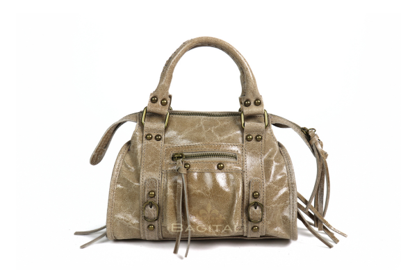 F203 Genuine Leather Handbag with Front Zip Pocket & Stud Detail